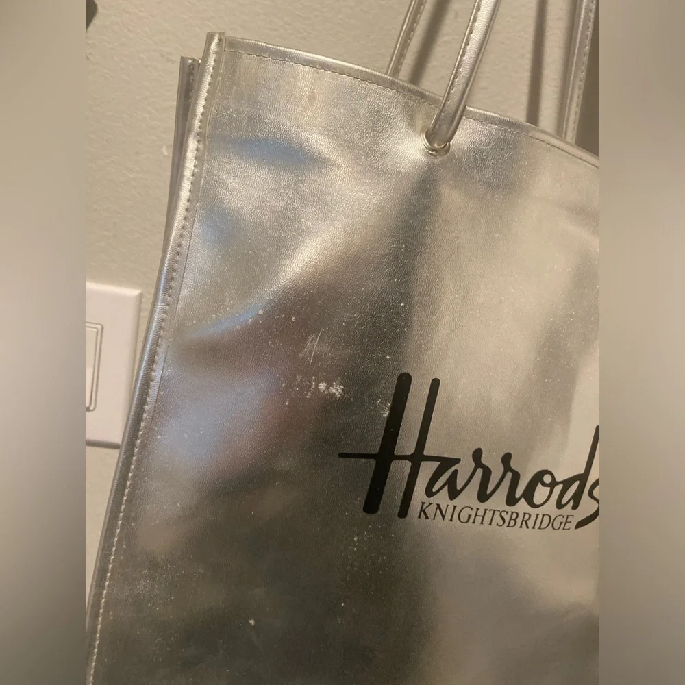 Harrods Knightsbridge Silver Long Handle Tote Nylon Coated with PVC